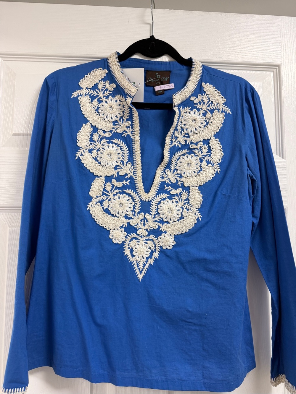 Sharon Gill Blue Embroidered V-Neck Women's Top
